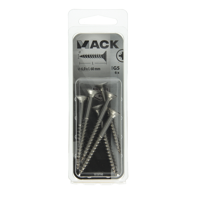 Mack 1019760 - spaanplaatschroef vz kop rvs 6 st 6,0 x 60 mm | 10 stuks