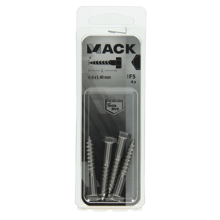 Mack 1019764 - houtdraadbout roestvrijstaal 4 st 6 x 40 mm | 10 stuks