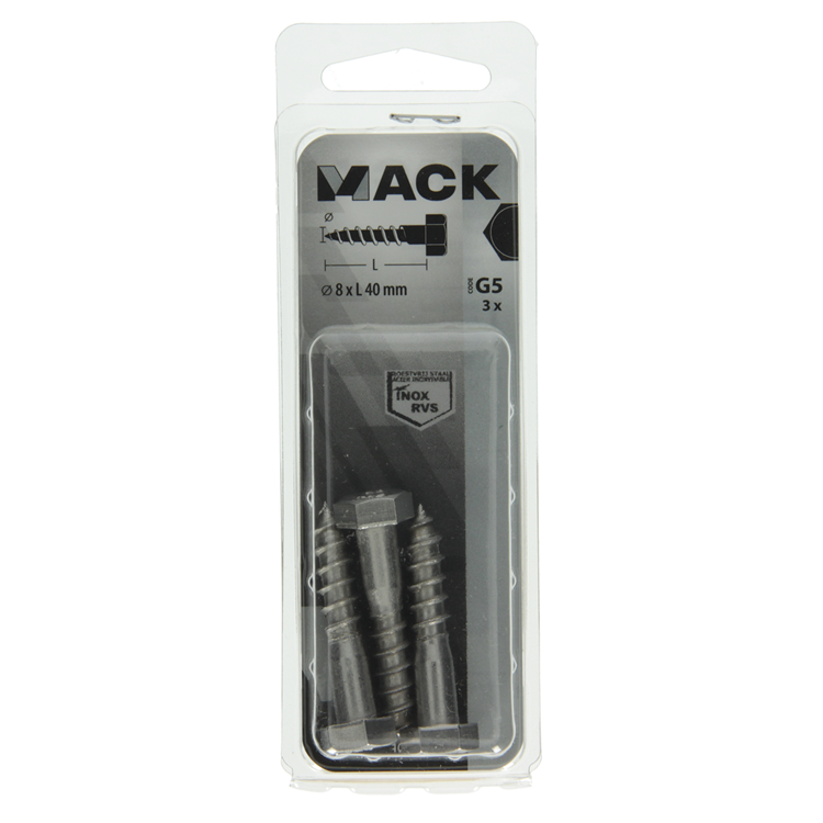 Mack 1019767 - houtdraadbout roestvrijstaal 3 st 8 x 40 mm | 10 stuks