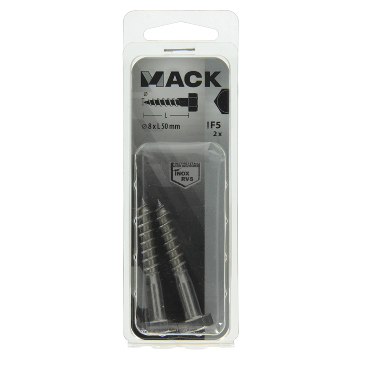 Mack 1019768 - houtdraadbout roestvrijstaal 2 st 8 x 50 mm | 10 stuks