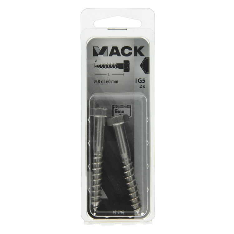Mack 1019769 - houtdraadbout roestvrijstaal 2 st 8 x 60 mm | 10 stuks