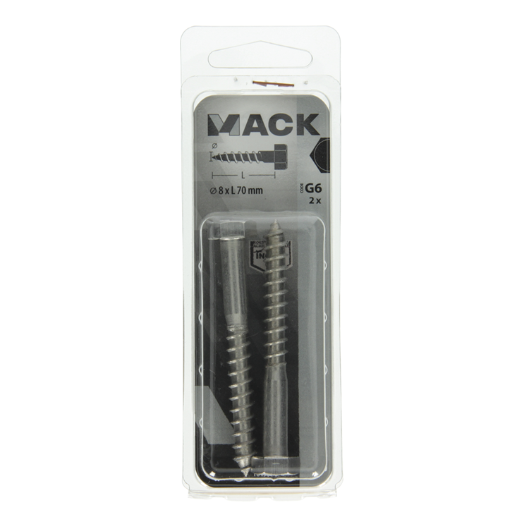 Mack 1019770 - houtdraadbout roestvrijstaal 2 st 8 x 70 mm | 10 stuks