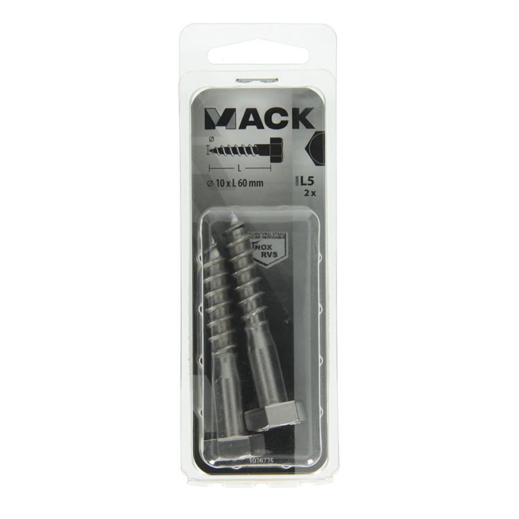 Mack 1019775 - houtdraadbout roestvrijstaal 2st 10 x 60 mm | 10 stuks