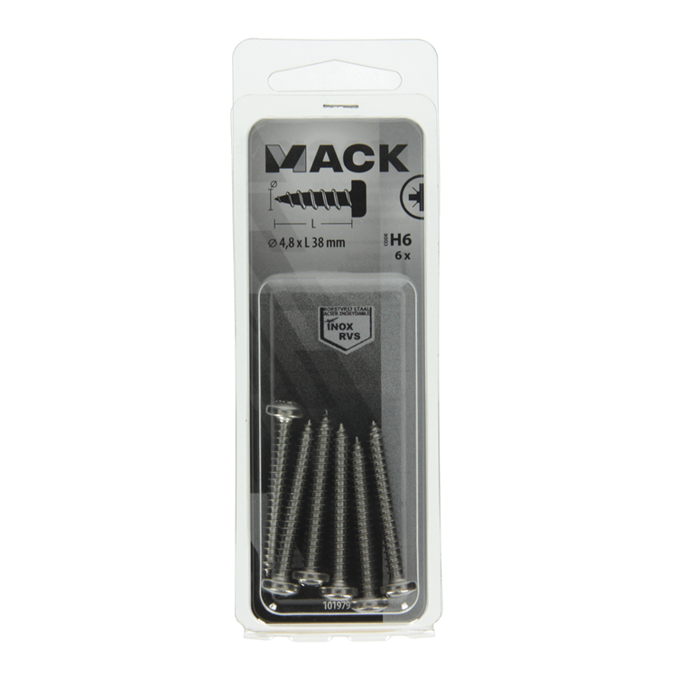Mack 1019796 - zelftappende schroef cyl.kop a2 6 st 4,8 x 38 mm | 10 stuks
