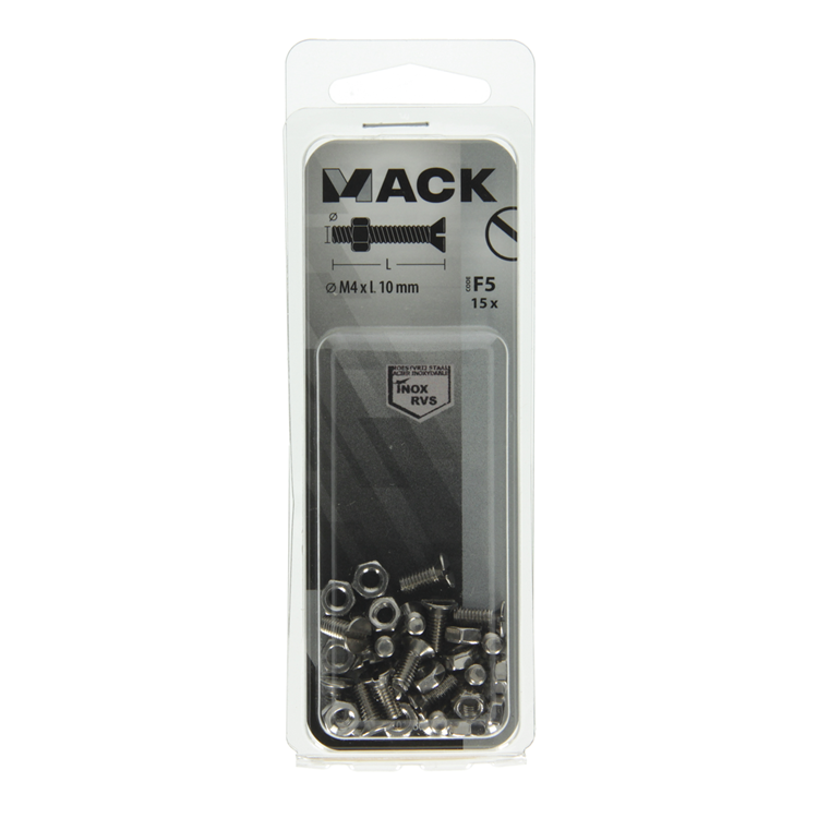 Mack 1019804 - metaalschroef verz. kop + moer rvs 15 st m4x10 | 10 stuks