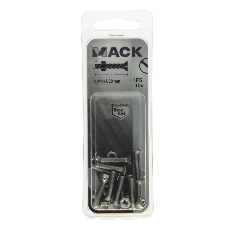 Mack 1019806 - metaalschroef verz. kop + moer rvs 12 st m4x20 | 10 stuks