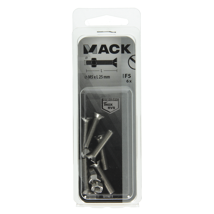 Mack 1019811 - metaalschroef verz. kop + moer rvs 6 st m5x25 | 10 stuks