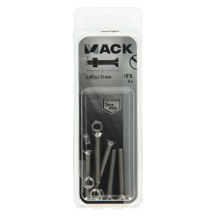 Mack 1019812 - metaalschroef verz. kop + moer rvs 5 st m5x35 | 10 stuks