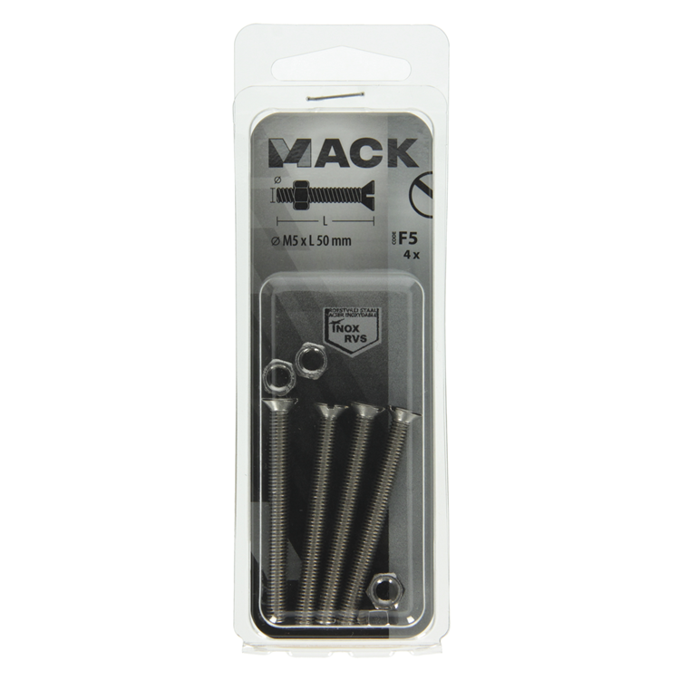 Mack 1019813 - metaalschroef verz. kop + moer rvs 4 st m5x50 | 10 stuks