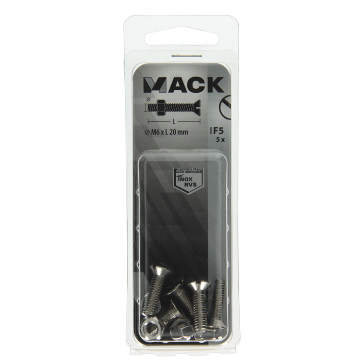 Mack 1019814 - metaalschroef verz. kop + moer rvs 5 st m6x20 | 10 stuks