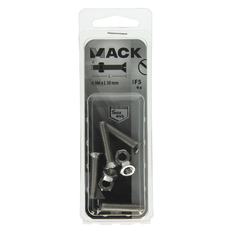 Mack 1019815 - metaalschroef verz. kop + moer rvs 4 st m6x30 | 10 stuks