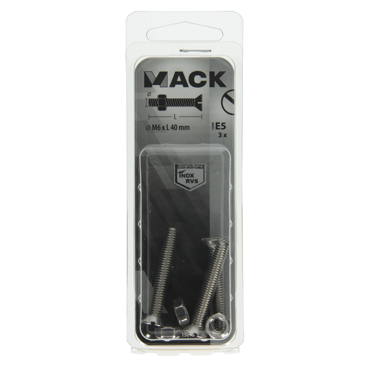 Mack 1019816 - metaalschroef verz. kop + moer rvs 3 st m6x40 | 10 stuks