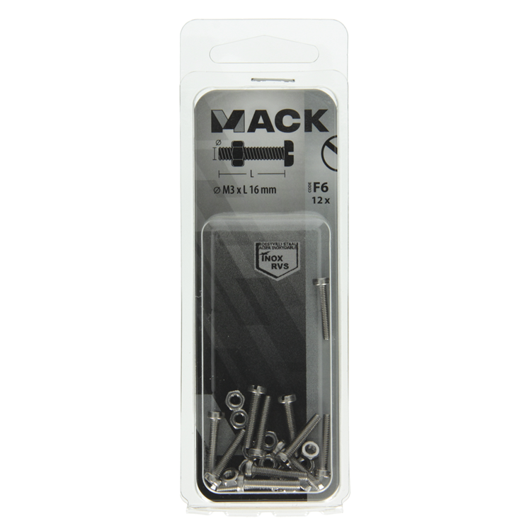 Mack 1019818 - metaalschroef cyl. kop + moer rvs 12 st m3x16 | 10 stuks