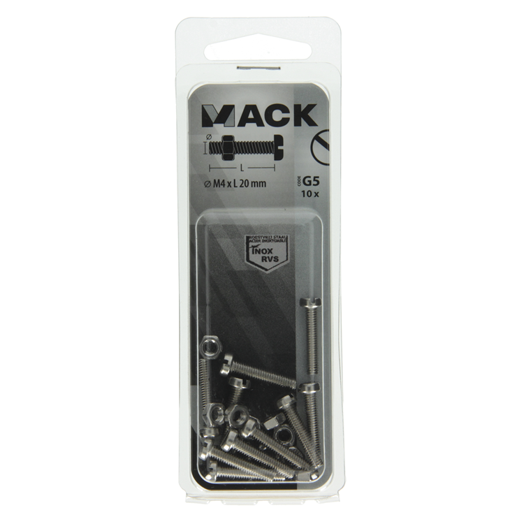 Mack 1019820 - metaalschroef cyl. kop + moer rvs 10 st m4x20 | 10 stuks
