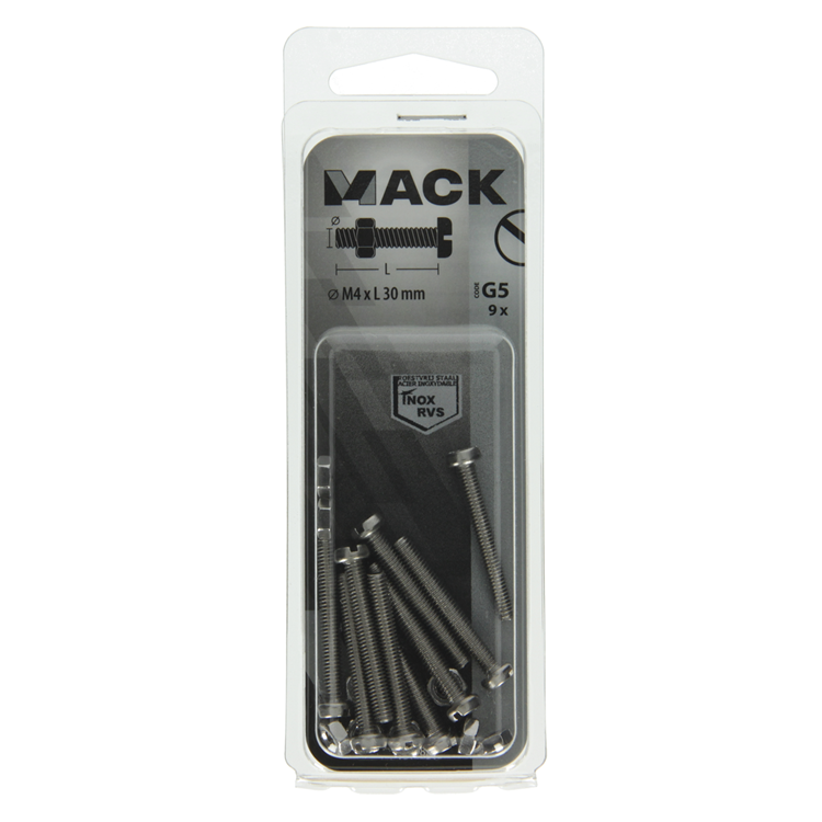 Mack 1019821 - metaalschroef cyl. kop + moer rvs 9 st m4x30 | 10 stuks