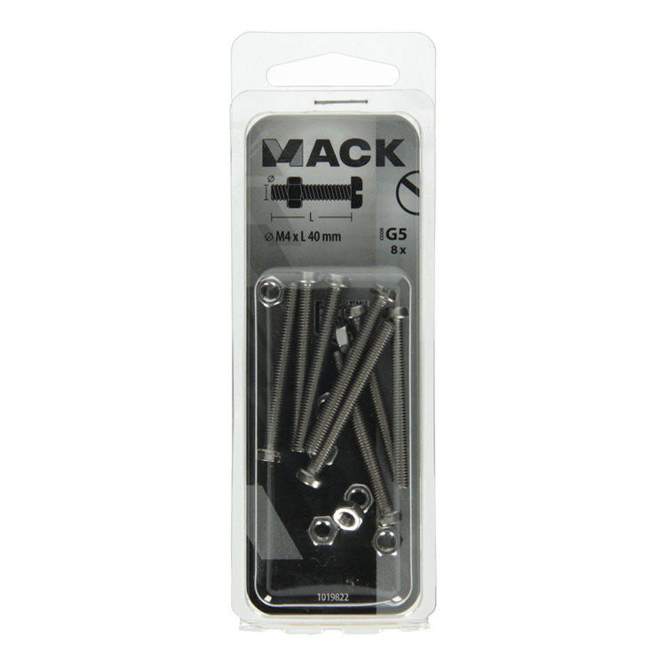 Mack 1019822 - metaalschroef cyl. kop + moer rvs 8 st m4x40 | 10 stuks