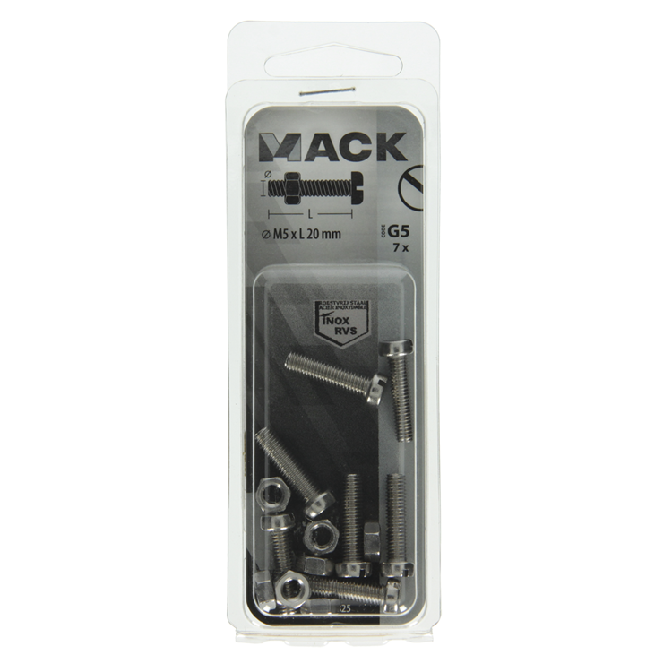 Mack 1019825 - metaalschroef cyl. kop + moer rvs 7 st m5x20 | 10 stuks