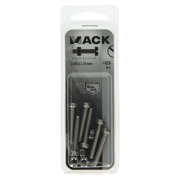 Mack 1019826 - metaalschroef cyl. kop + moer rvs 6 st m5x30 | 10 stuks