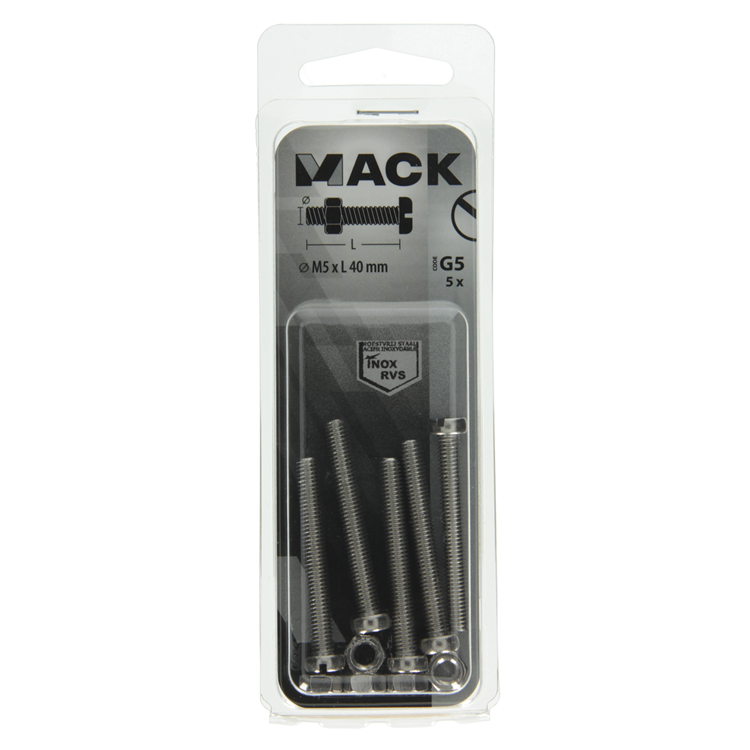 Mack 1019827 - metaalschroef cyl. kop + moer rvs 5 st m5x40 | 10 stuks