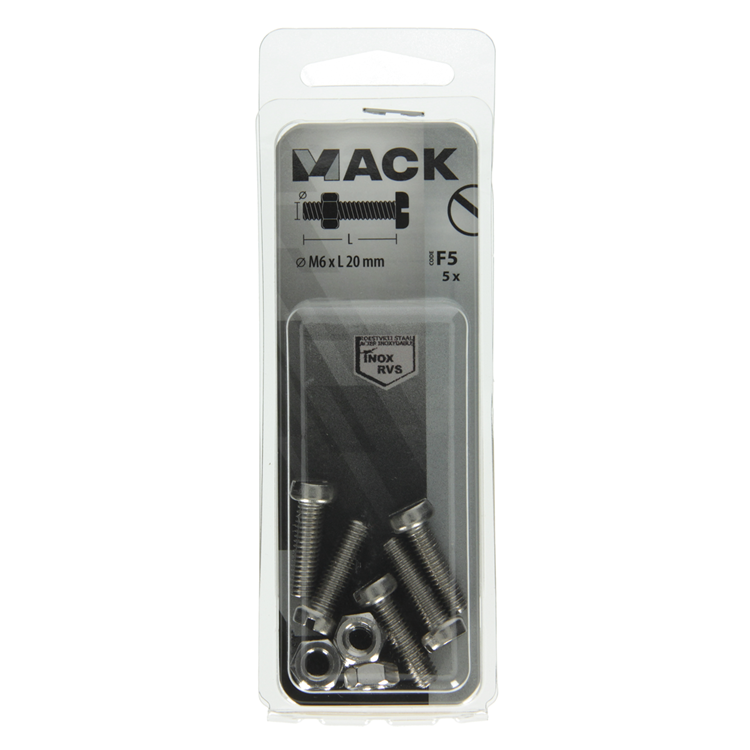 Mack 1019829 - metaalschroef cyl. kop + moer rvs 5 st m6x20 | 10 stuks