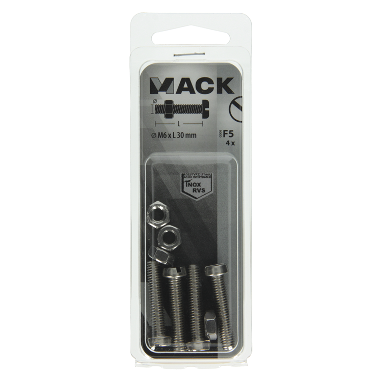 Mack 1019830 - metaalschroef cyl. kop + moer rvs 4 st m6x30 | 10 stuks
