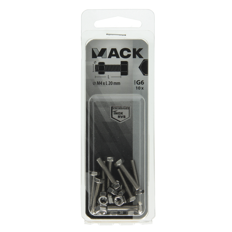 Mack 1019836 - tapbout + moer roestvrijstaal 10 st m4x20 | 10 stuks
