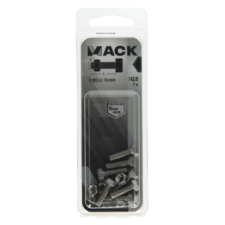 Mack 1019837 - tapbout + moer roestvrijstaal 7 st m5x16 | 10 stuks