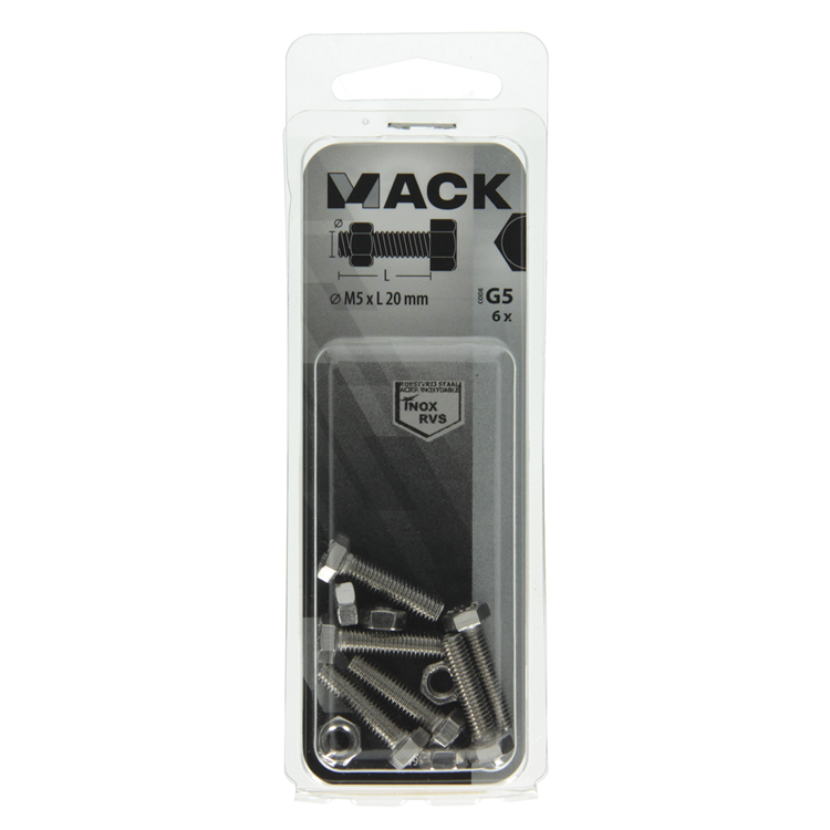 Mack 1019838 - tapbout + moer roestvrijstaal 6 st m5x20 | 10 stuks