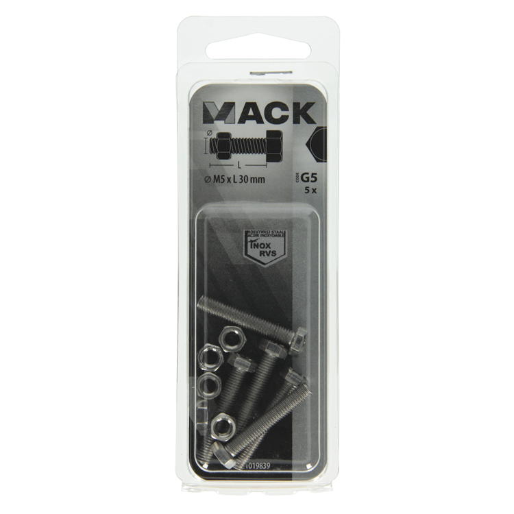 Mack 1019839 - tapbout + moer roestvrijstaal 5 st m5x30 | 10 stuks