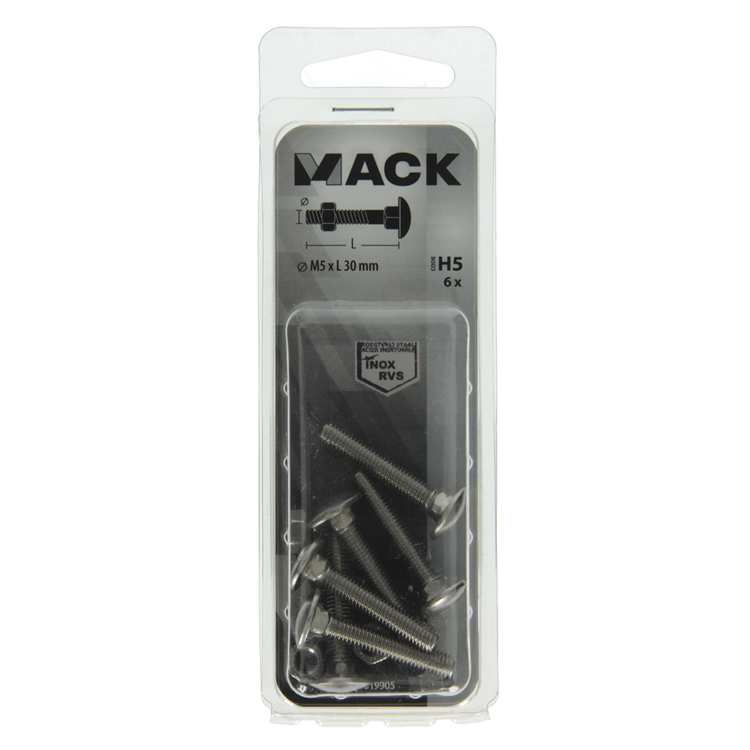Mack 1019905 - houtbout + moer roestvrijstaal 6 st m5x30 mm | 10 stuks