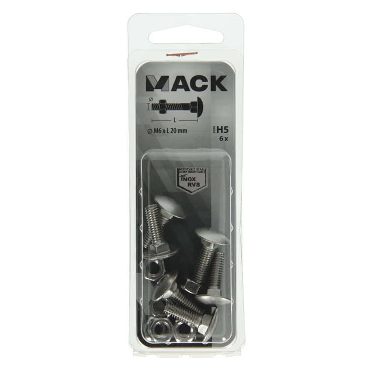 Mack 1019906 - houtbout + moer roestvrijstaal 6 st m6x20 mm | 10 stuks