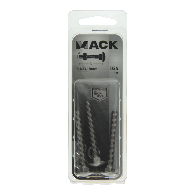 Mack 1019909 - houtbout + moer roestvrijstaal 3 st m6 x 50 mm | 10 stuks