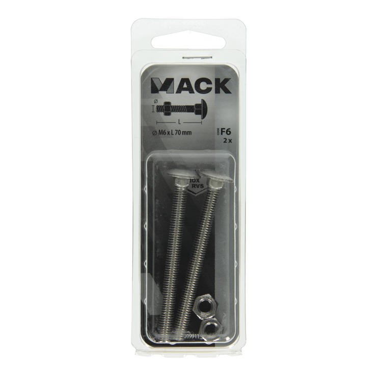 Mack 1019911 - houtbout + moer roestvrijstaal 2 st m6 x 70 mm | 10 stuks