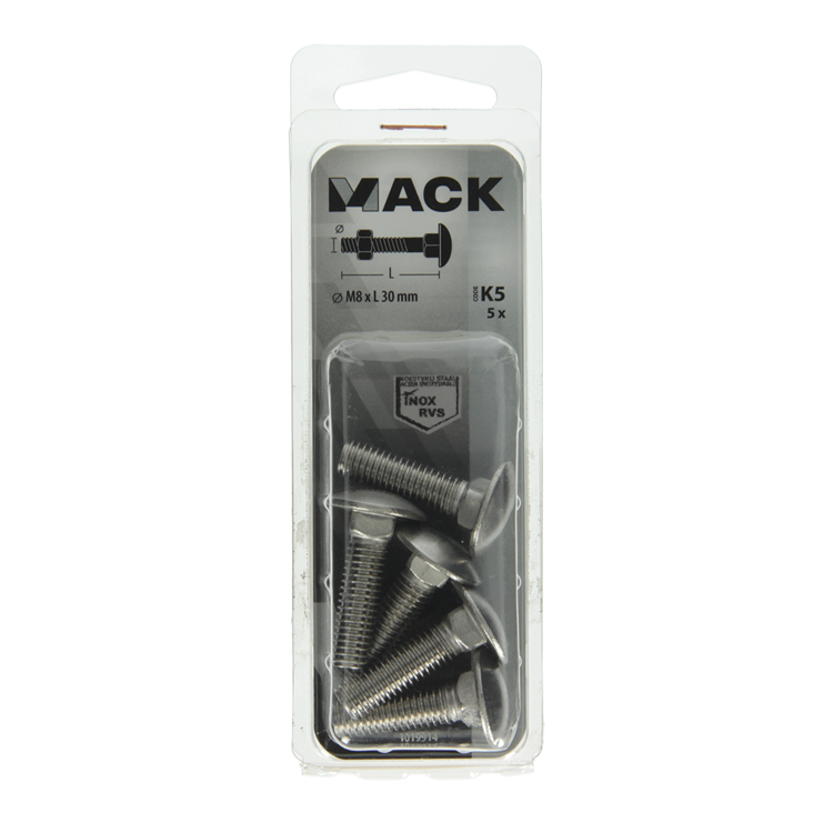 Mack 1019914 - houtbout + moer roestvrijstaal 5 st m8 x 30 mm | 5 stuks