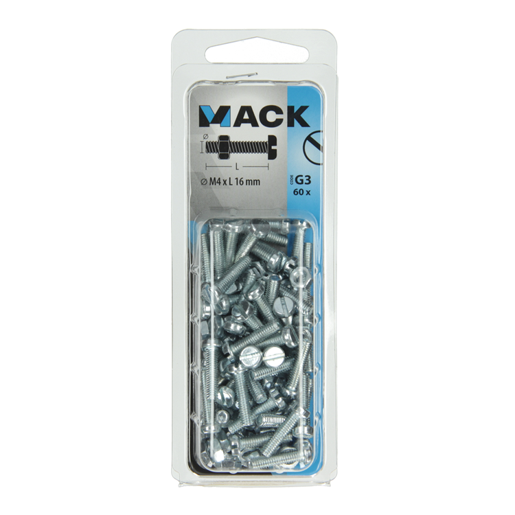 Mack 1018090 - metaalschroef cyl. kop + moer verz. 60 st m4 x 16 mm | 5 stuks