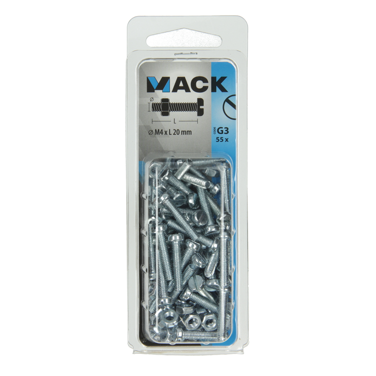 Mack 1018091 - metaalschroef cyl. kop + moer verz. 55 st m4 x 20 mm | 5 stuks