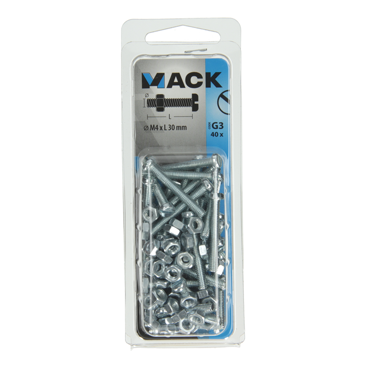 Mack 1018092 - metaalschroef cyl. kop + moer verz. 40 st m4 x 30 mm | 5 stuks