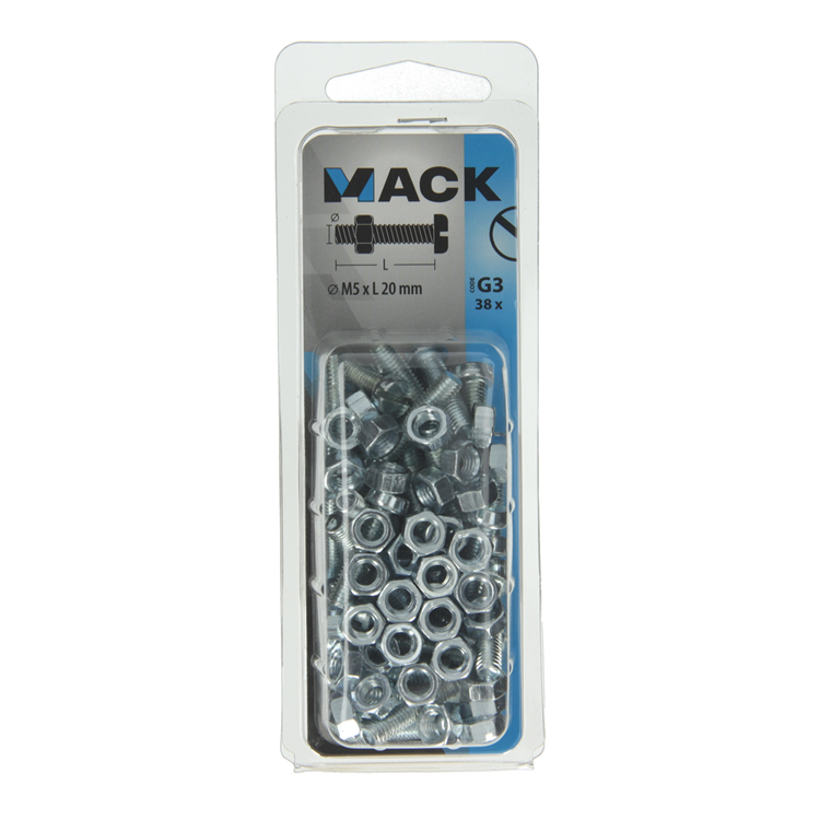 Mack 1018094 - metaalschroef cyl. kop + moer verz. 38 st m5 x 20 mm | 5 stuks