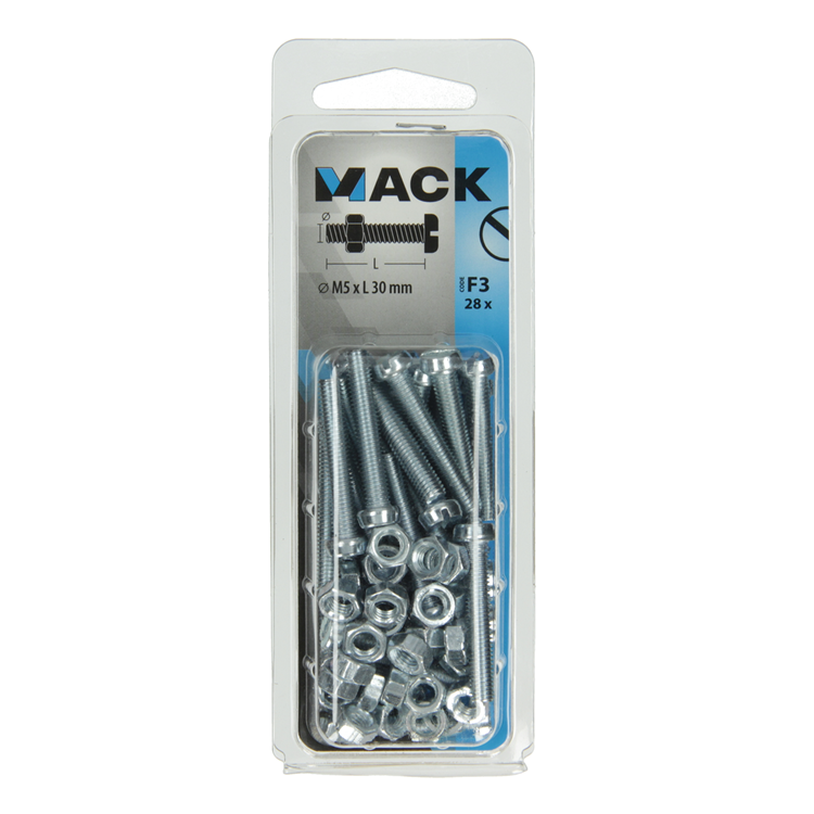 Mack 1018095 - metaalschroef cyl. kop + moer verz. 28 st m5 x 30 mm | 5 stuks