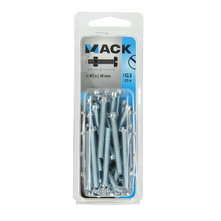Mack 1018096 - metaalschroef cyl. kop + moer verz .25 st m5 x 40 mm | 5 stuks