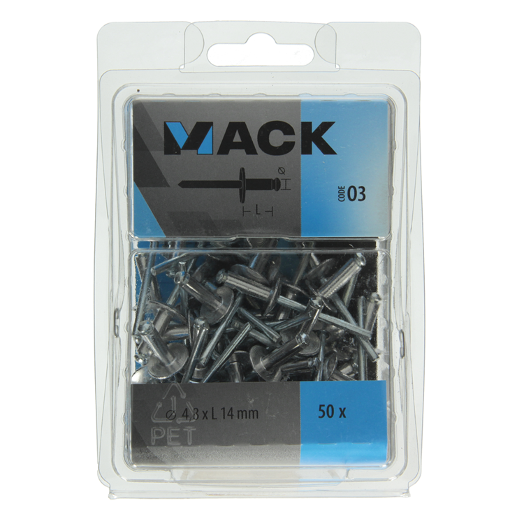 Mack 1020319 - 50 blindnieten alu brede kop 4,8x14mm | 3 stuks