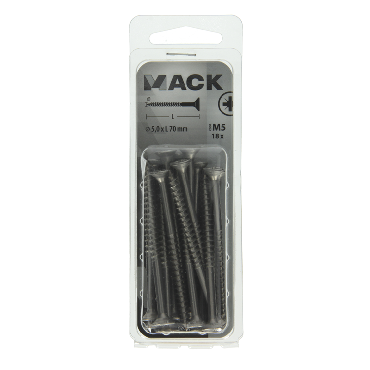 Mack 1020001 - spaanplaatschroef vz kop rvs 18 st 5,0 x 70 mm | 5 stuks
