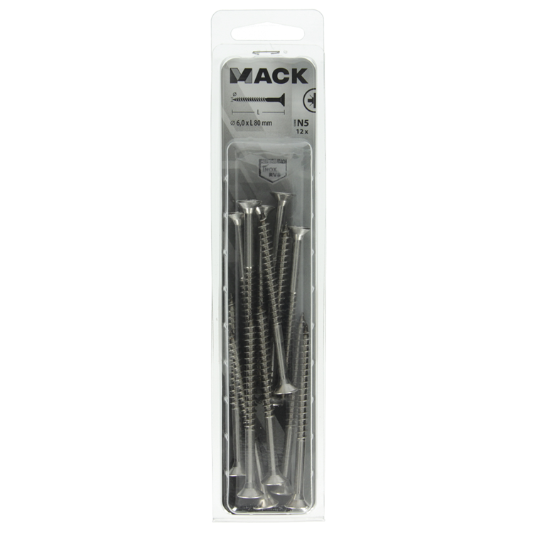 Mack 1020005 - spaanplaatschroef vz kop rvs 12 st 6,0 x 80 mm | 5 stuks