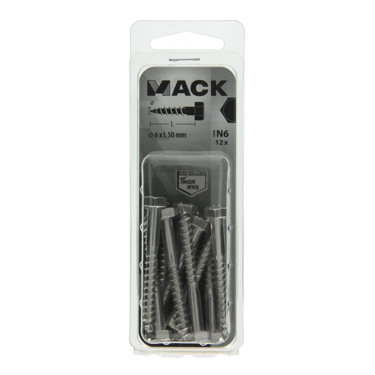 Mack 1020009 - houtdraadbout roestvrijstaal 12 st 6 x 50 mm | 5 stuks