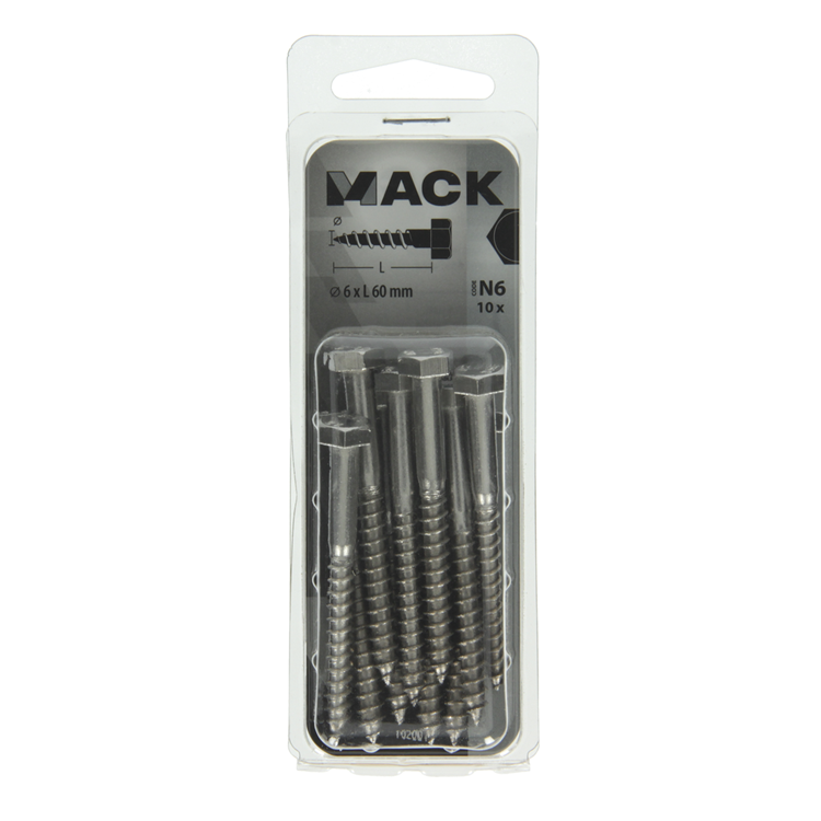Mack 1020010 - houtdraadbout roestvrijstaal 10 st 6 x 60 mm | 5 stuks
