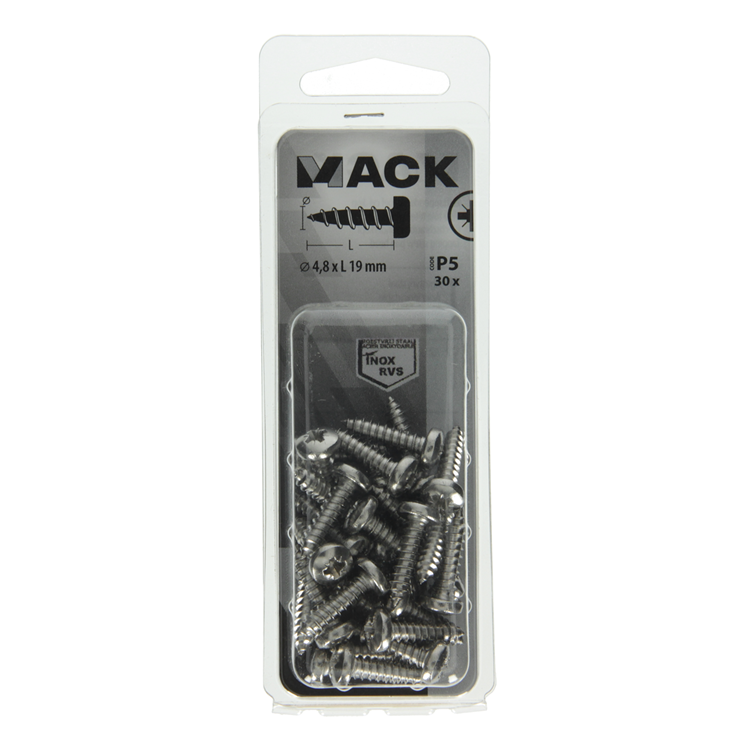 Mack 1020019 - zelftappende schroef cyl.kop a2 30 st 4,8 x 19 mm | 5 stuks