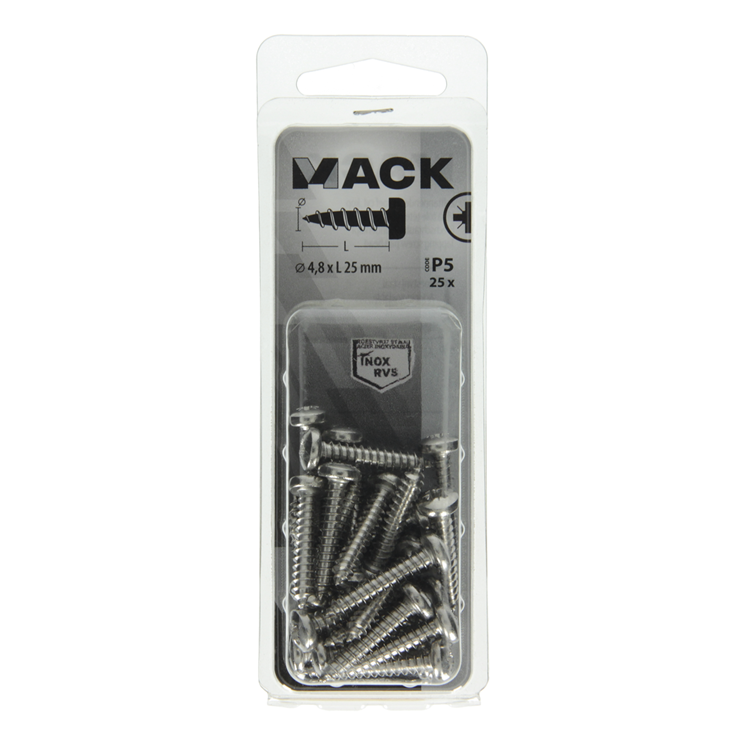 Mack 1020020 - zelftappende schroef cyl.kop a2 25 st 4,8 x 25 mm | 5 stuks