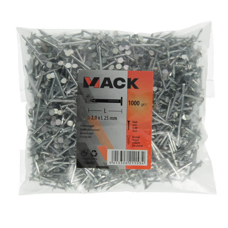Mack 1020062 - plafondnagel verzinkt 1000 gr 2,0 x 25 mm | 10 stuks