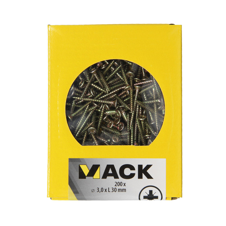 Mack 1020080 - spaanplaatschroef vz kop geel vz 200 st 3,0 x 30 mm | 5 stuks