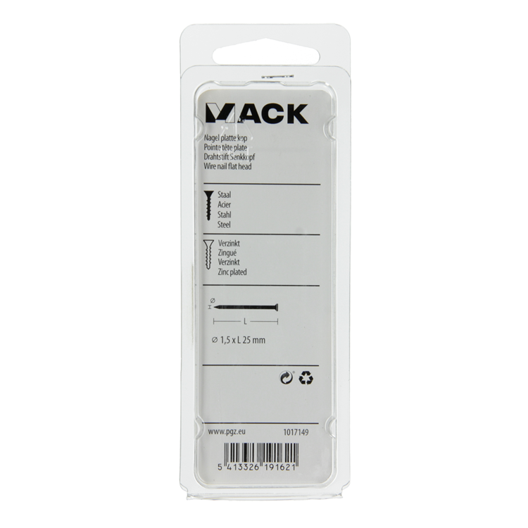 Mack 1017149 - nagel platte kop staal verzinkt 100 gr 1,5 x 25 mm | 5 stuks
